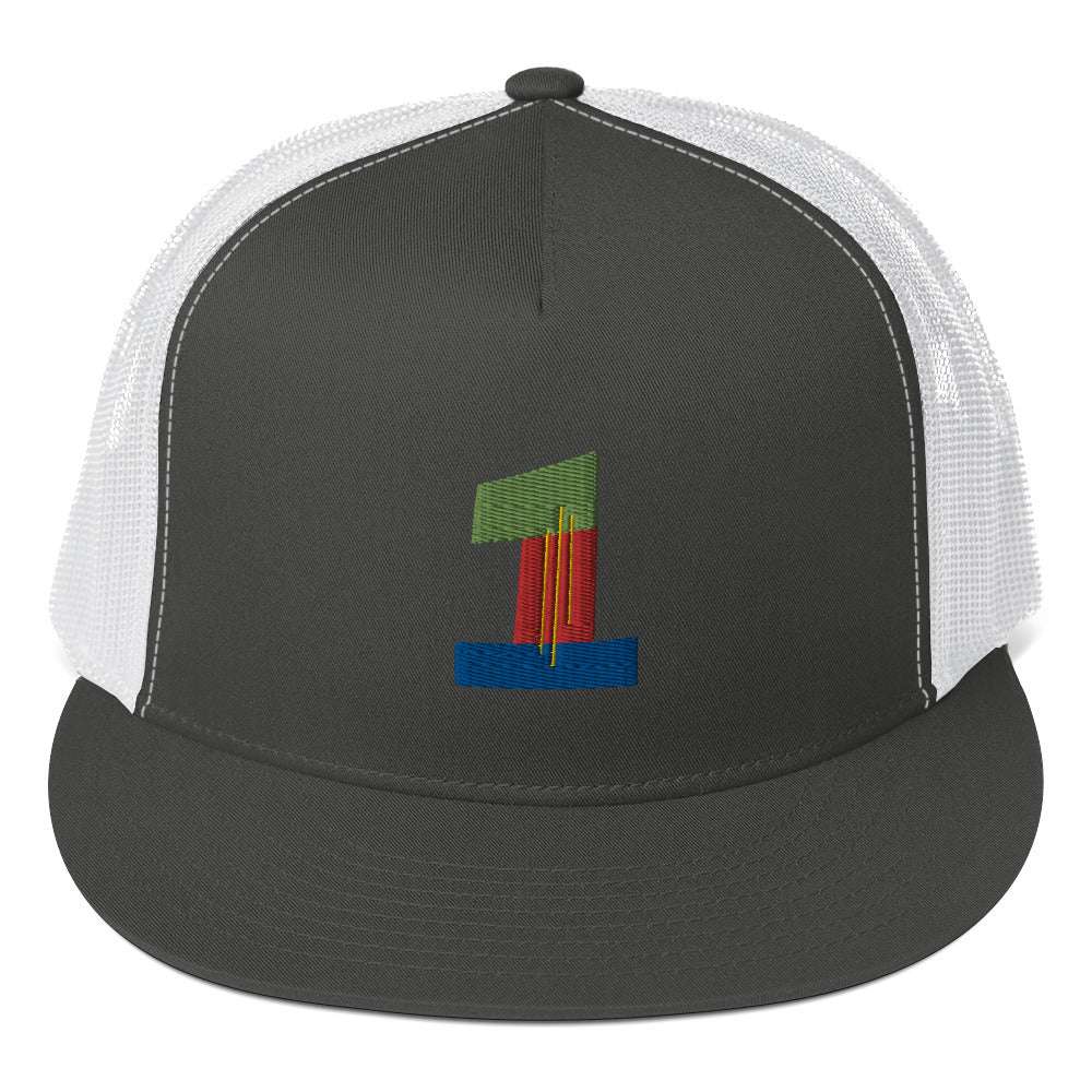 #1 Ball Player Trucker Cap Charcoal/ White