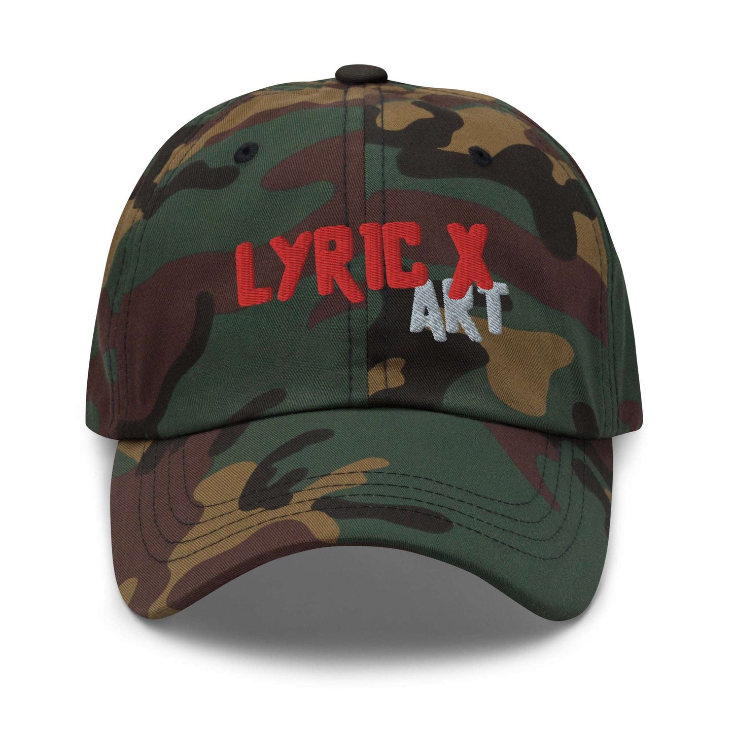 Lyric X Art Logo Red & Silver Dad Hat Green Camo hat