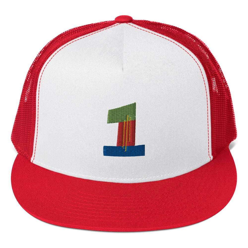#1 Ball Player Trucker Cap Red/ White/ Red